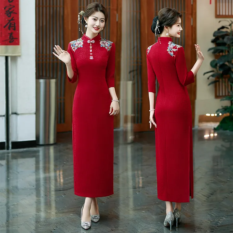 加厚弹力冰丝复合贴花旗袍宴会礼服喜婆婆西妈妈舞台走秀连衣裙