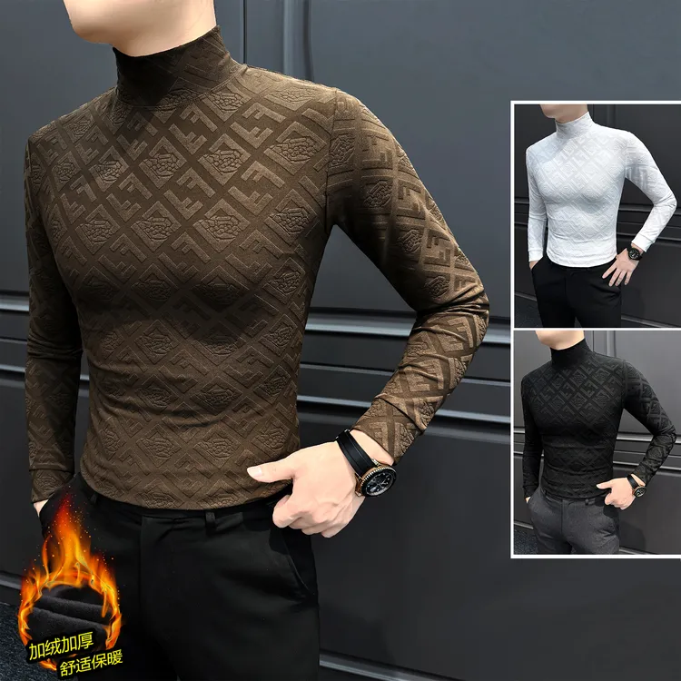 加绒加厚提花打底衫男款爆款2025新款男装冬季男士半高领长袖t恤