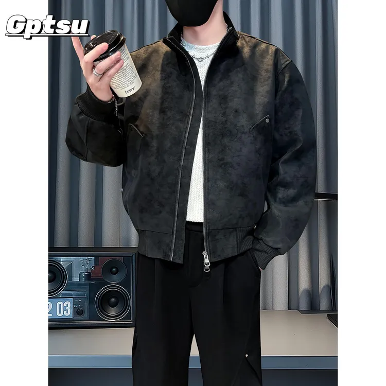 GPTSu男士复古做旧机车服皮衣外套新款春秋季男装上衣休闲皮夹克