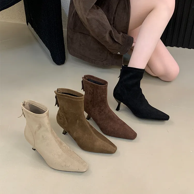5CM短靴女细跟2025新款瘦瘦靴女复古百搭软底舒适拉链高跟鞋女