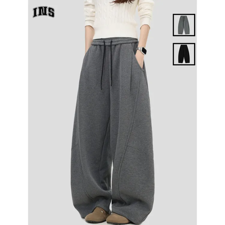 INSstudios国潮情侣美式复古拼接压线弯刀卫裤宽松加绒休闲长裤