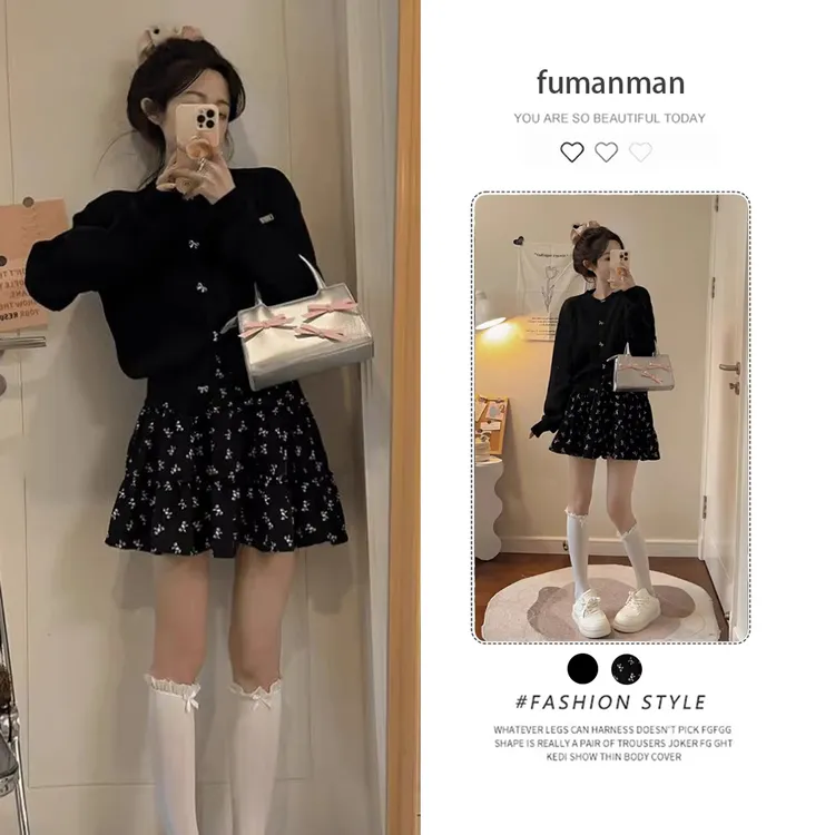 学院风甜美穿搭一整套2025秋季新款蝴蝶结针织衫搭配半身裙两件套