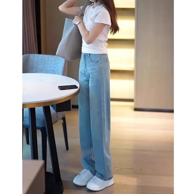 浅蓝色窄版阔腿牛仔裤女2025秋季新款宽松显瘦小个子直筒拖地裤子