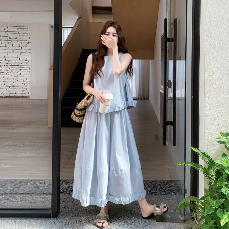 花苞无袖上衣半身裙套装女2025夏季新款森系减龄小清新显瘦两件套