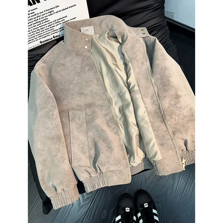 立领pu皮复古雾面扎染夹克男秋季美式哈灵顿情侣外套青少年机车服