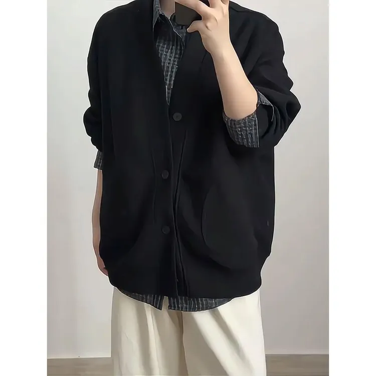 黑色华夫格v领开衫卫衣男款秋季宽松慵懒风外套cleanfit情侣夹克