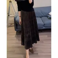 金丝绒半身裙秋季新款高腰中长款黑色显瘦a字裙百褶裙女冬季25191