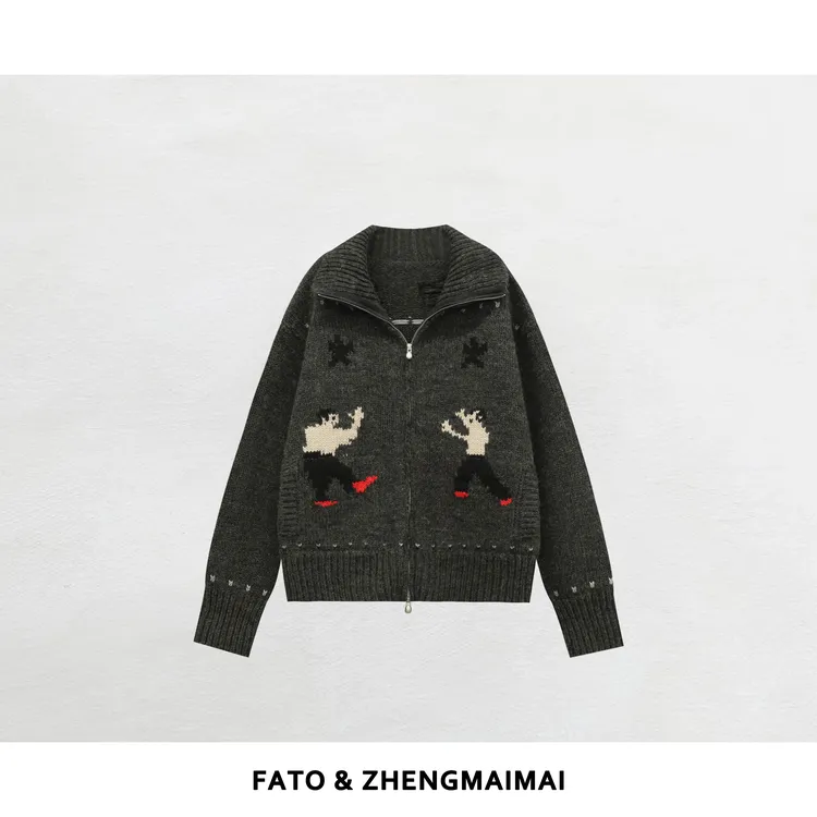 郑买买 功夫人毛衣 秋冬新款卡通提花可爱百搭拉链毛衣 CC51018M5