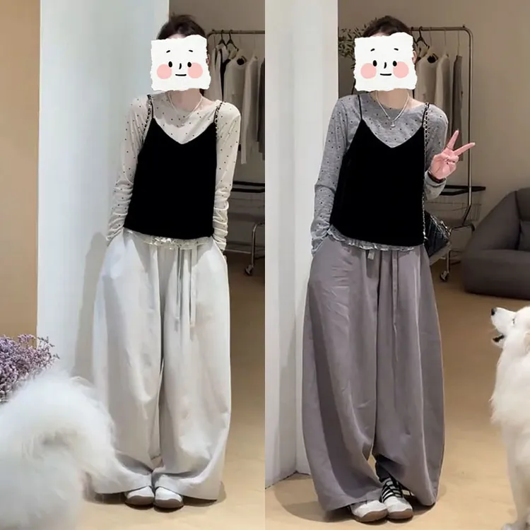 高级感巨好看套装早秋韩系简约波点长袖打底衫背心阔腿裤三件套装