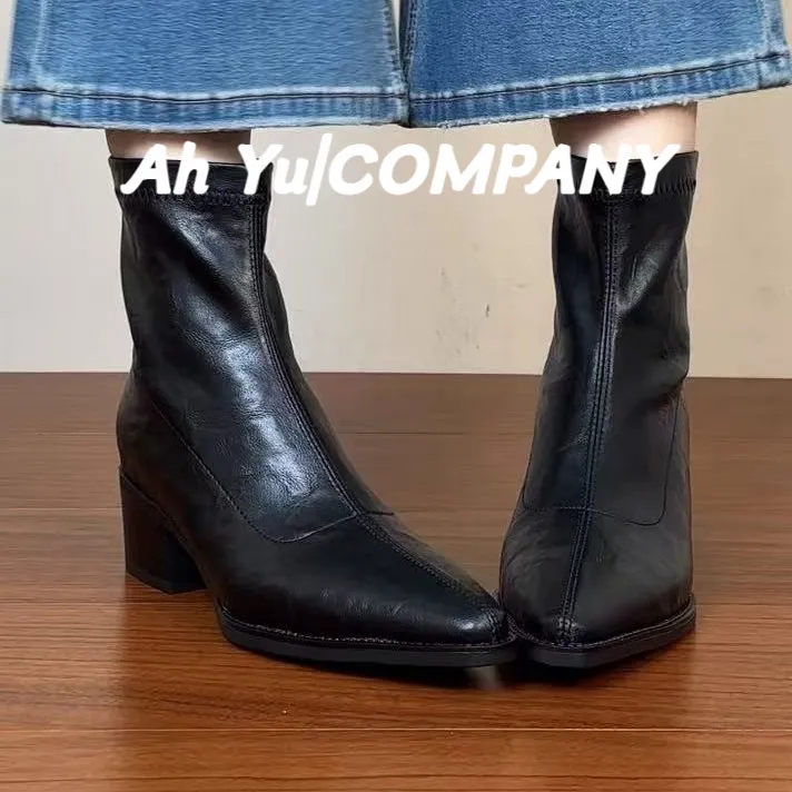 尖头粗跟短靴女2025秋冬新款软皮弹力瘦瘦靴法式通勤高跟马丁靴