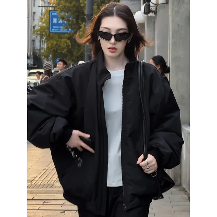 黑色立领美式飞行员夹克棉服男款冬季加厚短款夹棉外套情侣棒球服