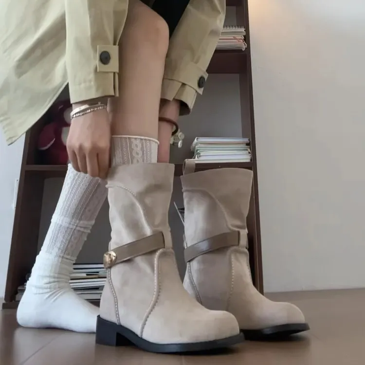 软皮版~小众复古绒面圆头西部牛仔靴女内增高百搭显瘦中筒马丁靴