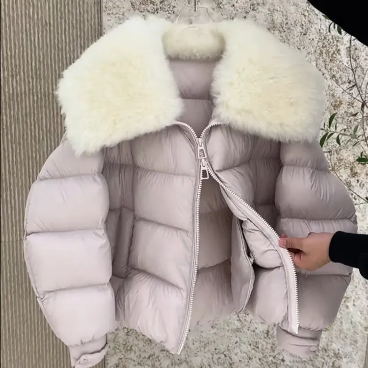 2025冬季洋气高级感毛毛翻领紫色棉服宽松减龄保暖短款外套女装