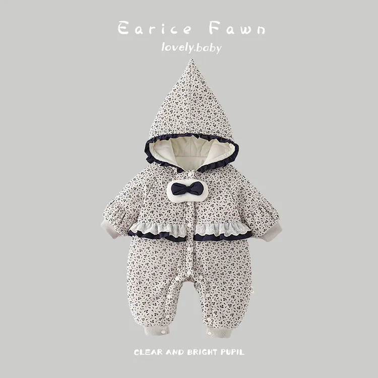 YM女婴秋冬棉服加绒加厚连体衣洋气可爱冬季夹棉连帽花边外套爬服