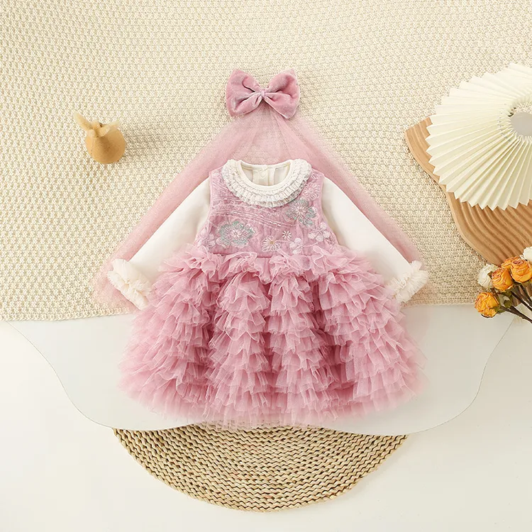 女童春秋款甜美可爱连衣裙女宝宝洋气公主蓬蓬裙带头纱生日礼服裙