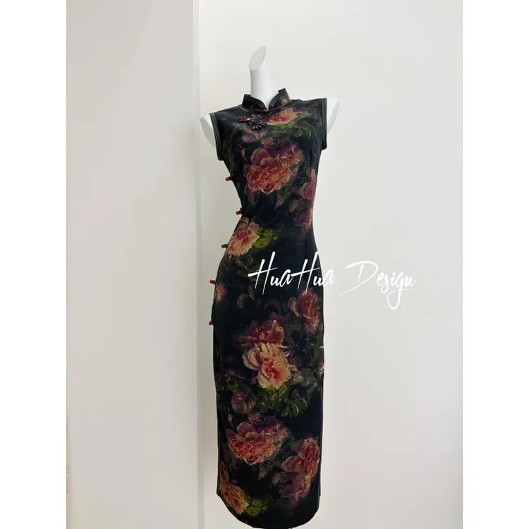 苏故里【红袖飞花】油画文艺植物花卉低领日常旗袍时尚显瘦气质长
