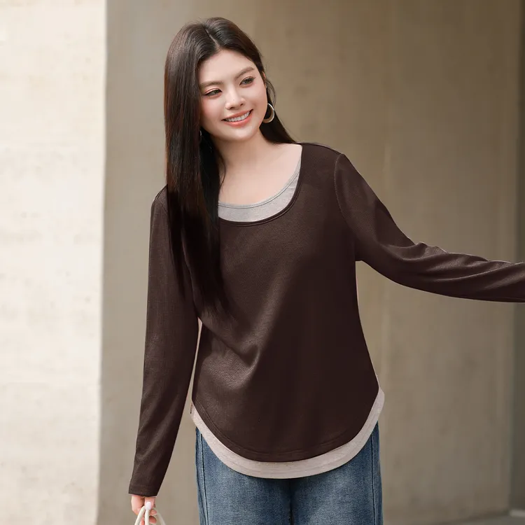 【秋上新假两件U下摆亮丝针织】MsShe大码女装打底衫长袖M2501010