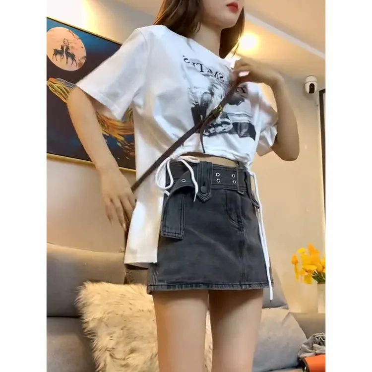 夏季时尚显瘦洋气新款打底创意印花抽绳不规则短袖恤女百搭修身