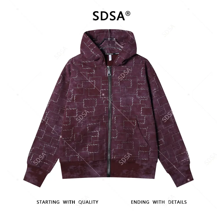SDSA秋冬新款痞帅男装复古不规则图形滴胶开衫拉链连帽卫衣百搭