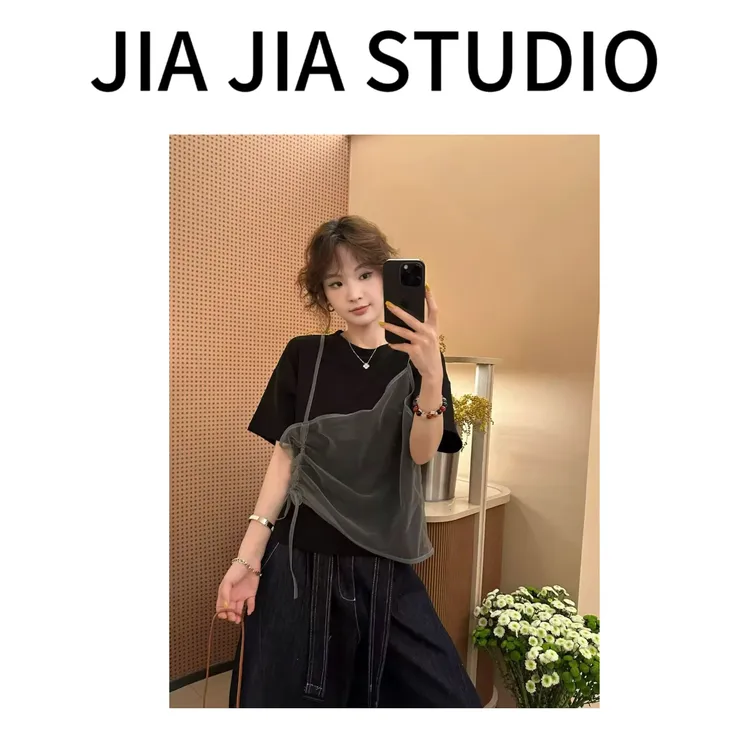 【嘉嘉推荐】#081 夏季新款 设计感 假两件网纱拼接短袖T恤