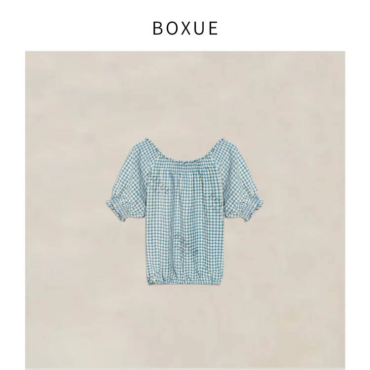 BOXUE ”格纹日志” 2025夏季新款亚.麻格子轻奢 T恤#250523T2651