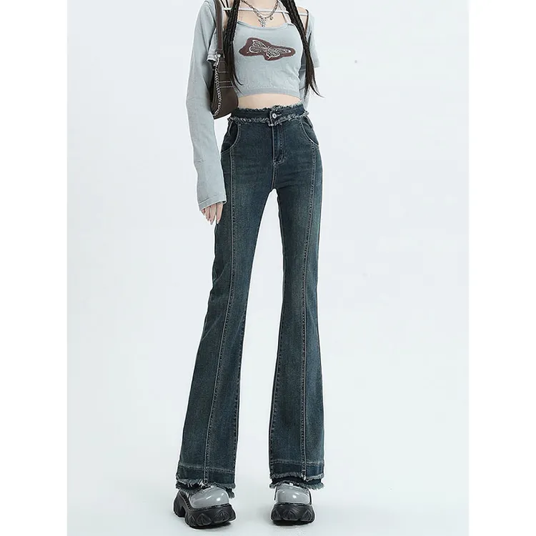 【4252】【工厂清货】微喇叭牛仔裤女流苏辣妹高腰显高显瘦拖地长裤子