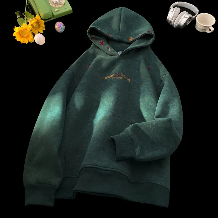 美式重磅刺绣连帽卫衣男秋冬季加厚港风复古潮流宽松套头外套