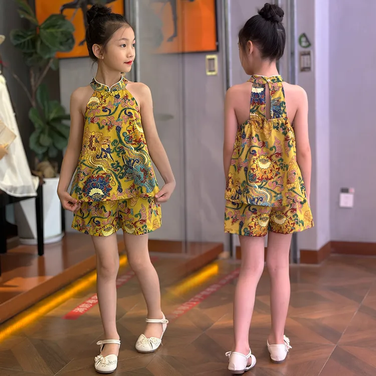 女童挂脖套装2025新款洋气中大童小女孩碎花无袖儿童公主网红夏季