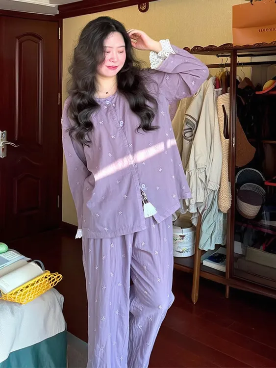 新款春秋季纯棉睡衣女士复古碎花印花家居服套装宽松大码可外穿