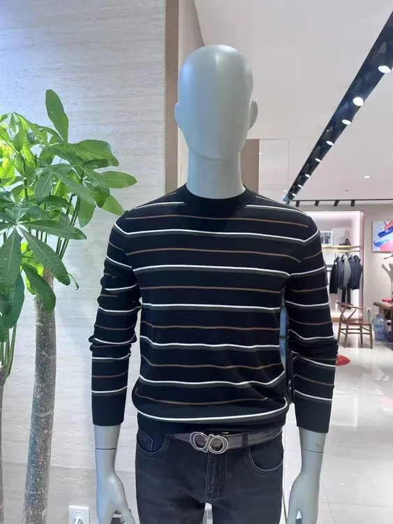 迪梵图男装休闲圆领条纹羊毛衫