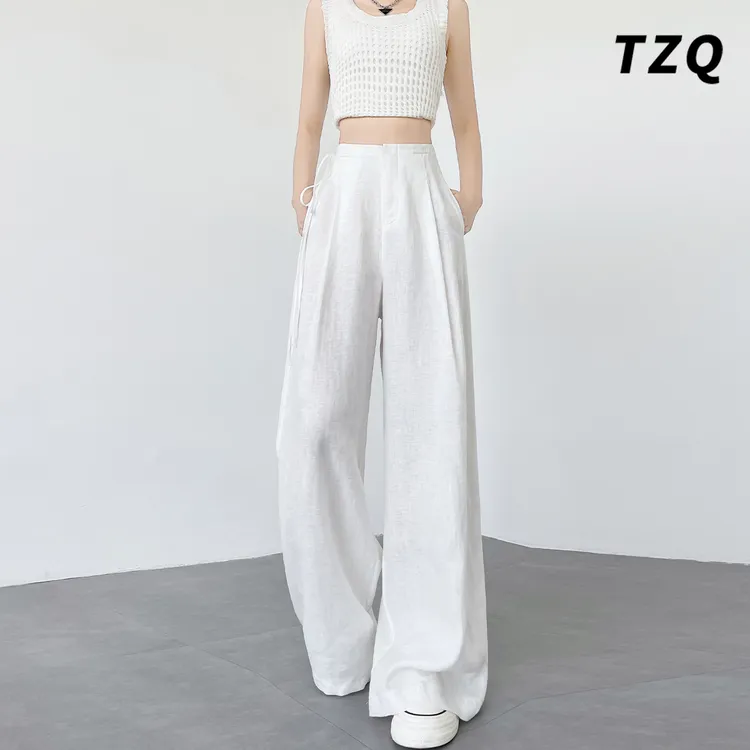 冰丝白色高级亚麻阔腿裤女秋季厚款直筒垂感拖地西装裤TZQ2560725