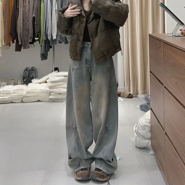 美式复古蓝色阔腿牛仔裤女秋季2025新款宽松时尚百搭休闲直筒长裤