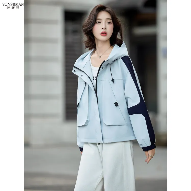 拼色连帽休闲风衣外套女2025春秋新款小个子百搭显瘦爆款夹克上衣