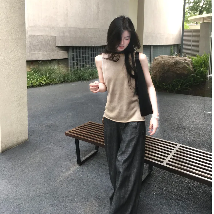 韩系气质高级感无袖背心上衣女夏季设计感休闲百搭显瘦阔腿长裤子