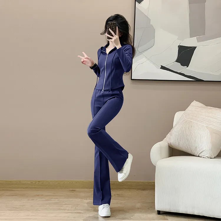 休闲运动套装女春秋新款连帽卫衣修身显瘦微喇叭裤两件套时尚洋气