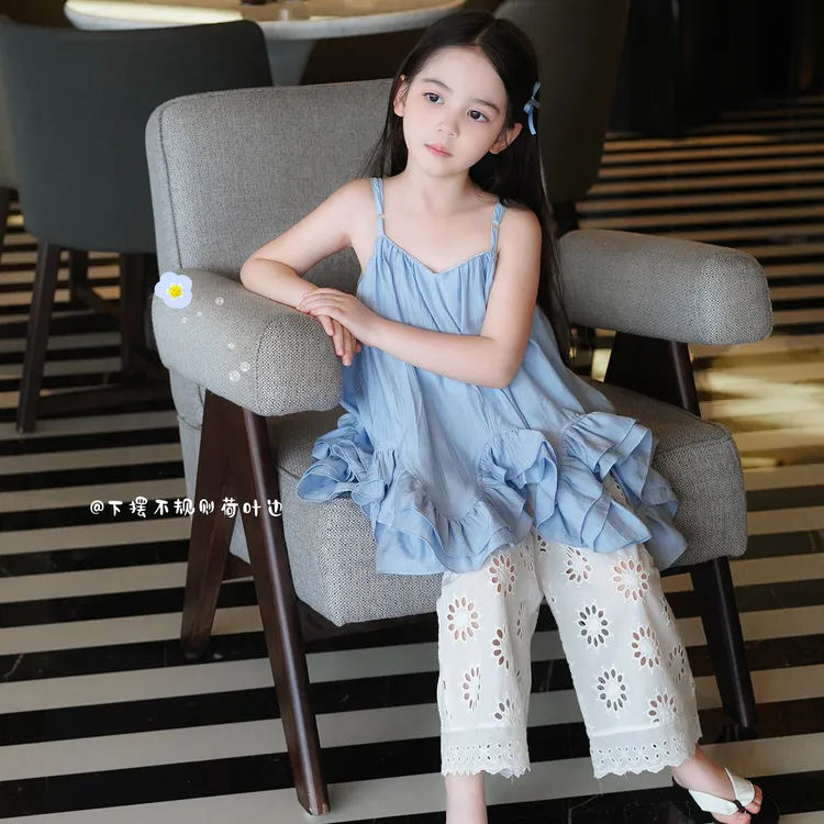 AnnieGirl夏季新款度假风蓝色荷叶边吊带蕾丝直筒裤女童夏季套装