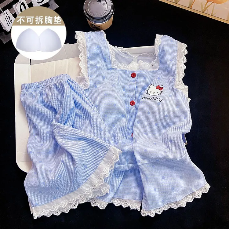 【奶萌kittyty】夏季薄款透气睡衣套装女带胸垫可外穿甜美家居服