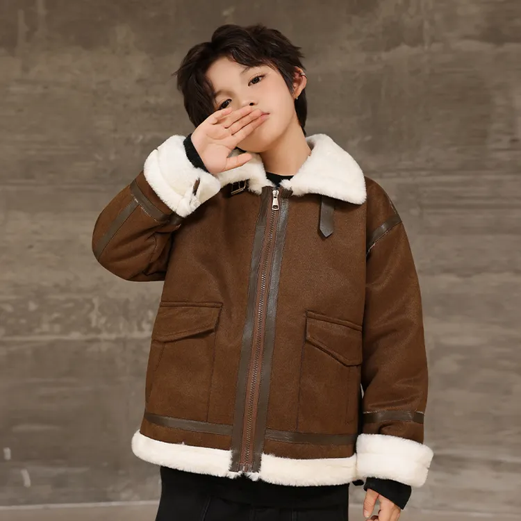 加绒加厚男童冬季外套儿童新款皮毛一体麂皮绒机车服中大童冬装潮