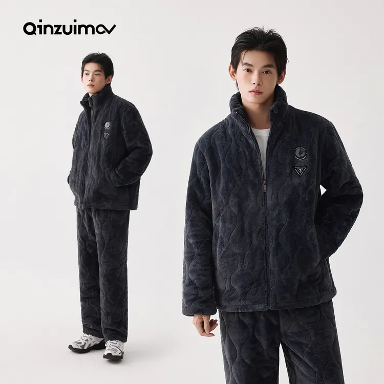 亲嘴猫冬季三层加厚男士暖暖绒夹棉睡衣两件套装家居服保暖可外穿