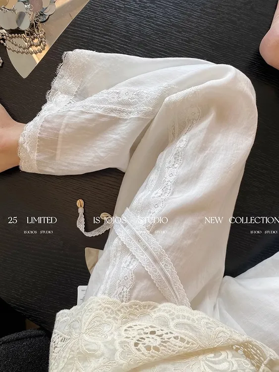 白色蕾丝拼接阔腿裤女夏季2025年新款气质高级感百搭宽松直筒裤子