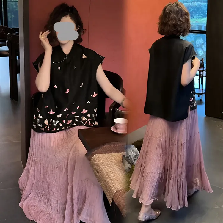 新中式国风穿搭套装裙女2025初夏穿搭蝴蝶无袖上衣半身裙两件套裙