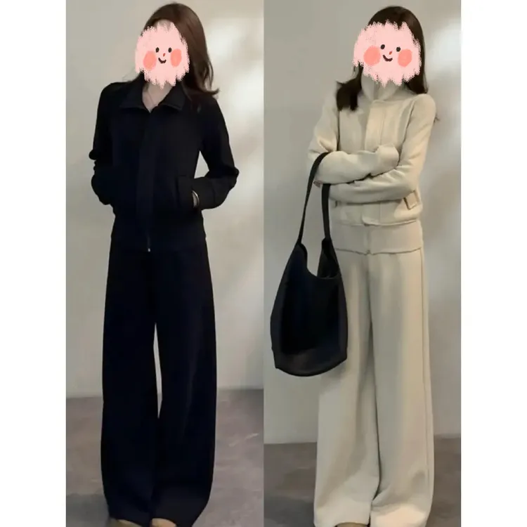时尚拉链长袖立领卫衣气质休闲阔腿裤冬季休闲加厚套装