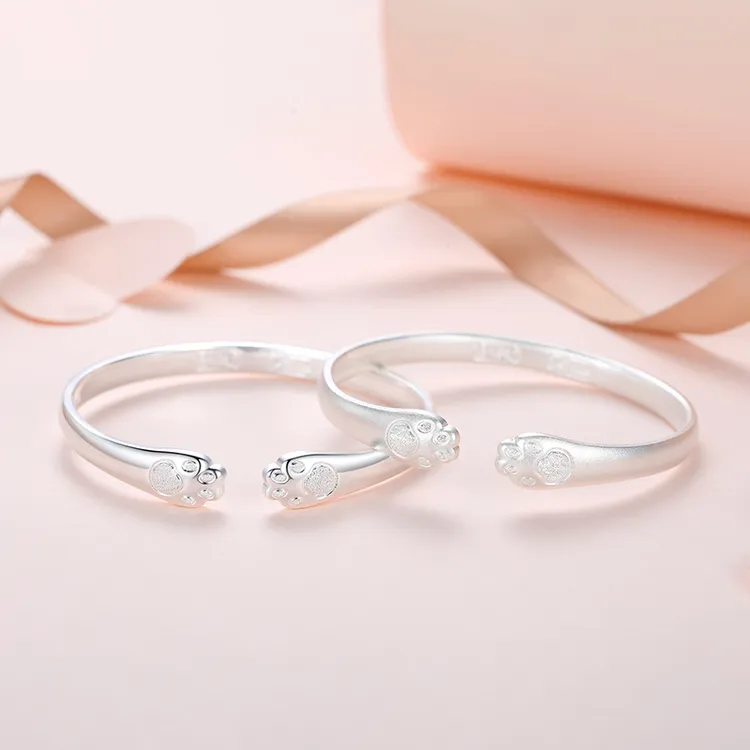 心草 足银手镯 女可爱猫爪999纯银古法磨砂实心开口送闺蜜礼物