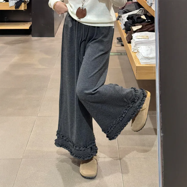 灰色木耳边拼接糯米裤女秋新款胖妹妹大码梨形身材高腰宽松休闲裤