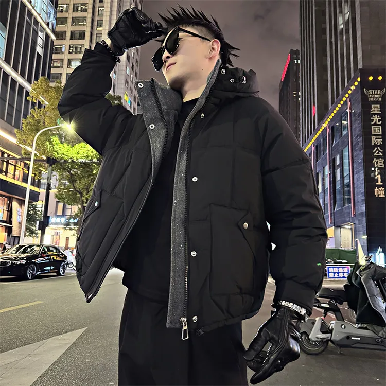 假两件设计感男士棉服外套百搭连帽时尚运动工装冬季新款加厚袄子