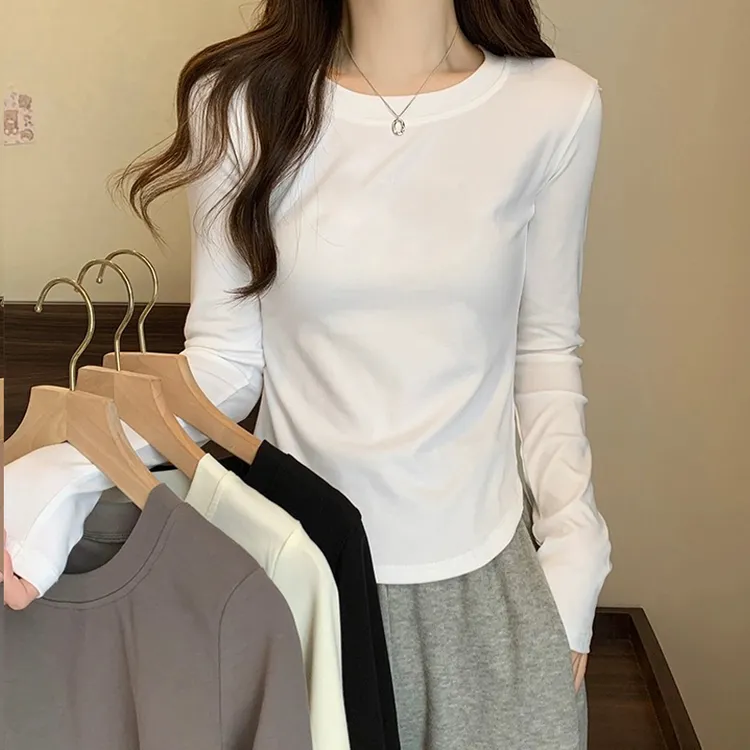 春秋新款纯棉长袖T恤女打底衫纯色上衣舒适显瘦百搭圆领弧形下摆