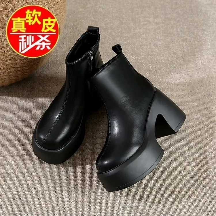 品牌断码真皮厚底小个子增高马丁靴女短靴新款加绒烟筒瘦瘦靴百搭