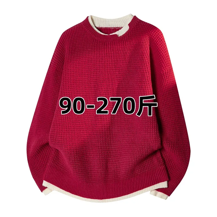 针织秋冬毛衣韩系撞色男V领针织衫冬季百搭休闲红色圆领宽松大码