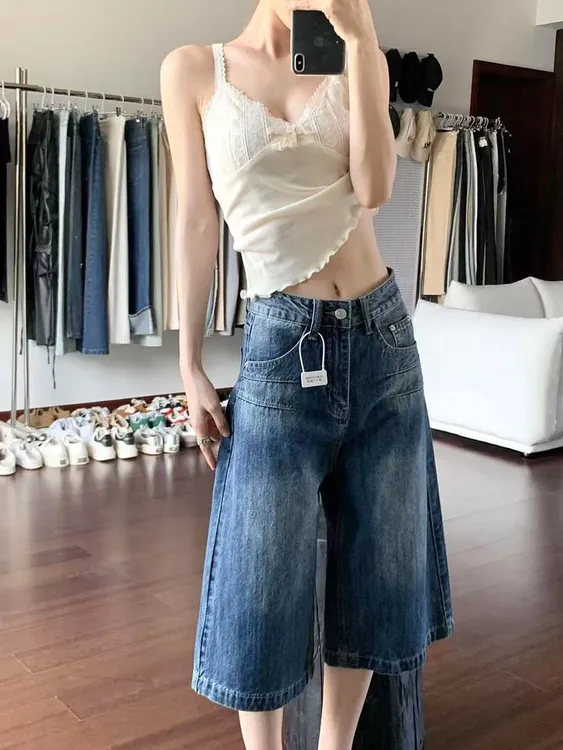 美式复古深蓝七分牛仔裤女夏季高腰宽松遮胯显瘦直筒中裤薄款