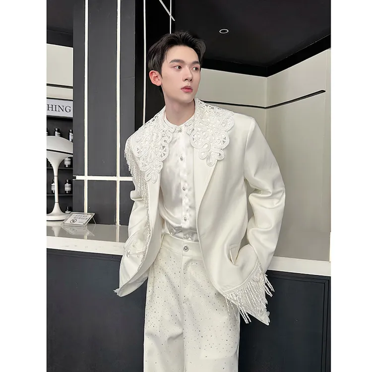 走秀款小众重工流苏串珠垫肩西服男韩版时尚立体绣花气质男模西装